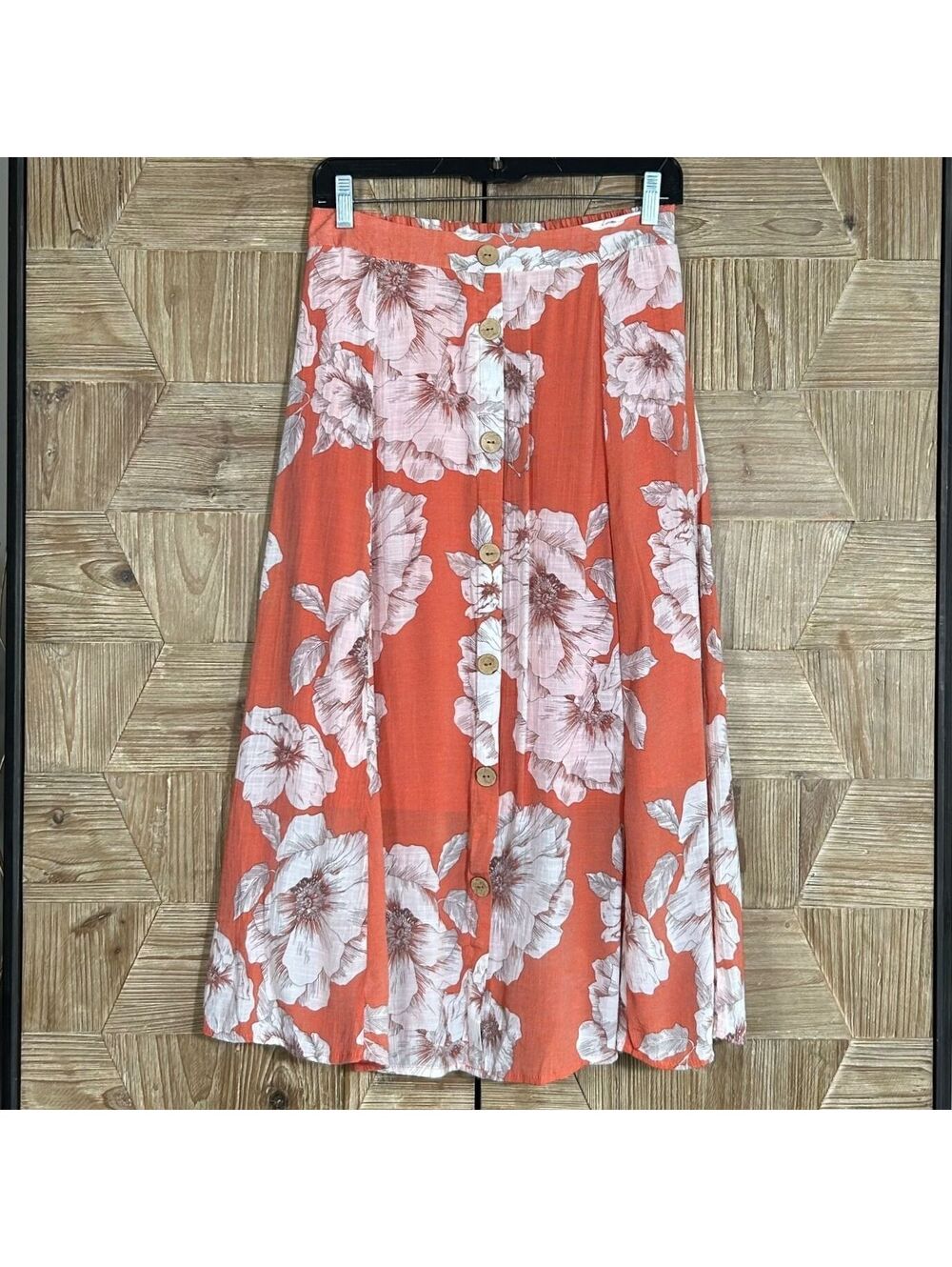 Mlle Gabrielle Pink Coral Floral Pleated Midi Skirt Size Small A-Line Boho Chic